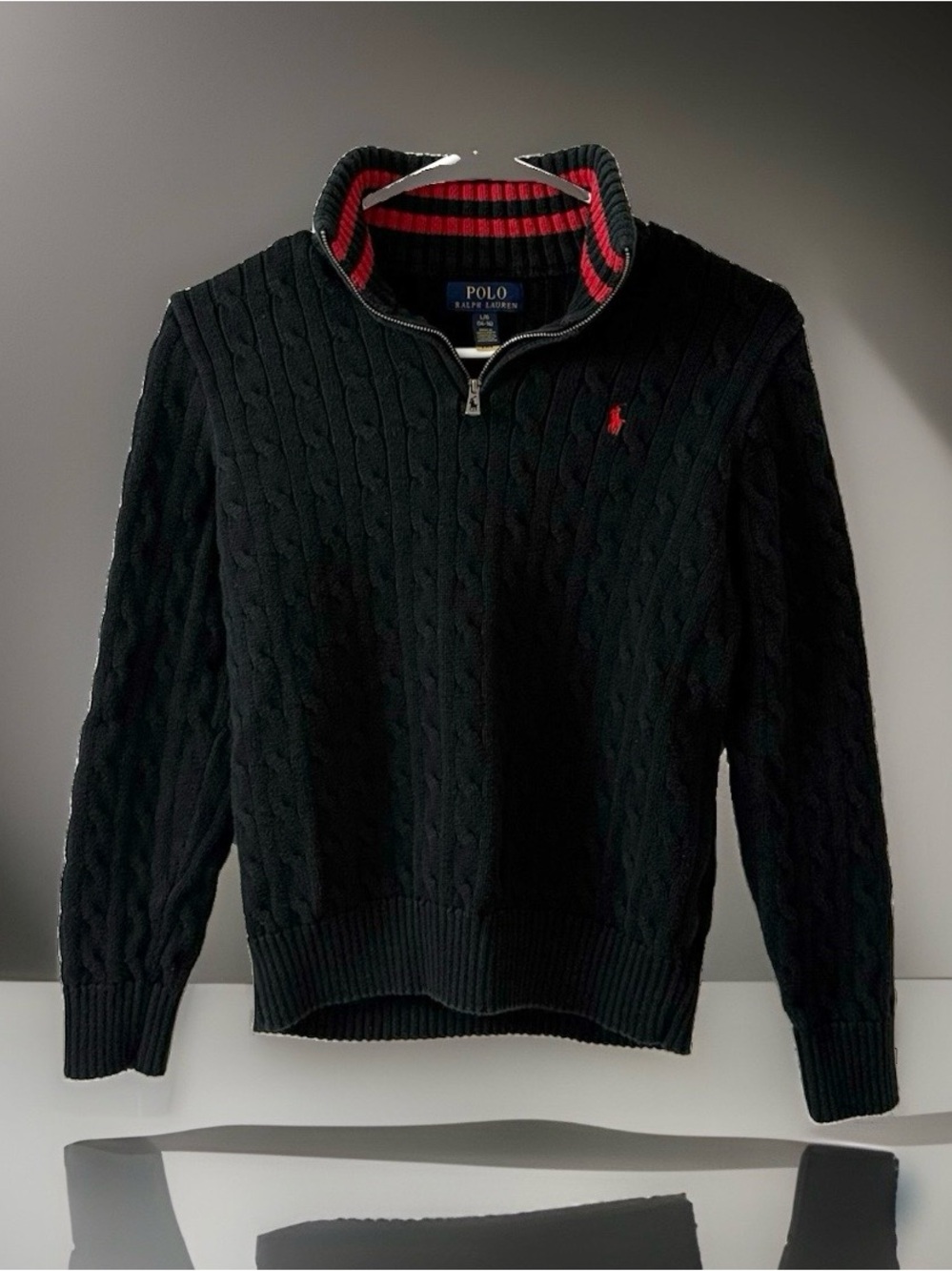 Polo Ralph Lauren Boys L 14-16 Black Cable Knit Quarter Zip Sweater Red Pony